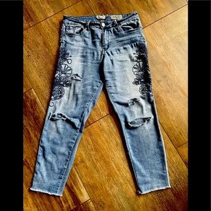 Indigo Rein Distressed Embroidered Boho Jeans